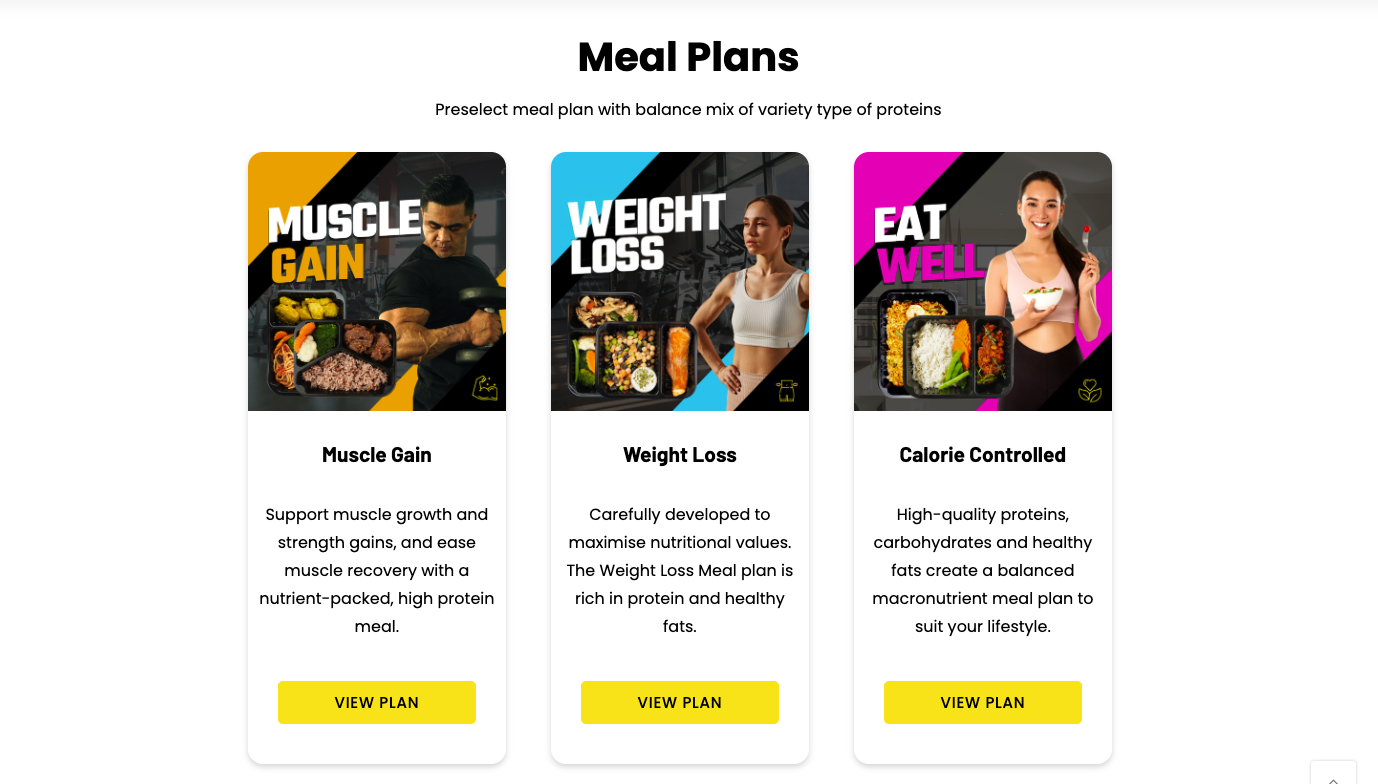 Old meal plans split into fitness-goal tiles