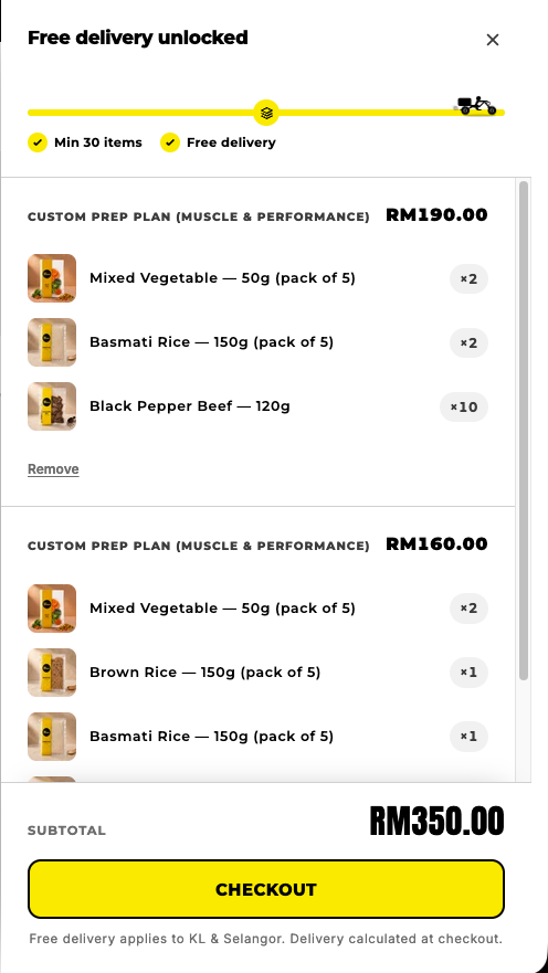 New cart drawer with free-delivery progress bar and itemised bundle