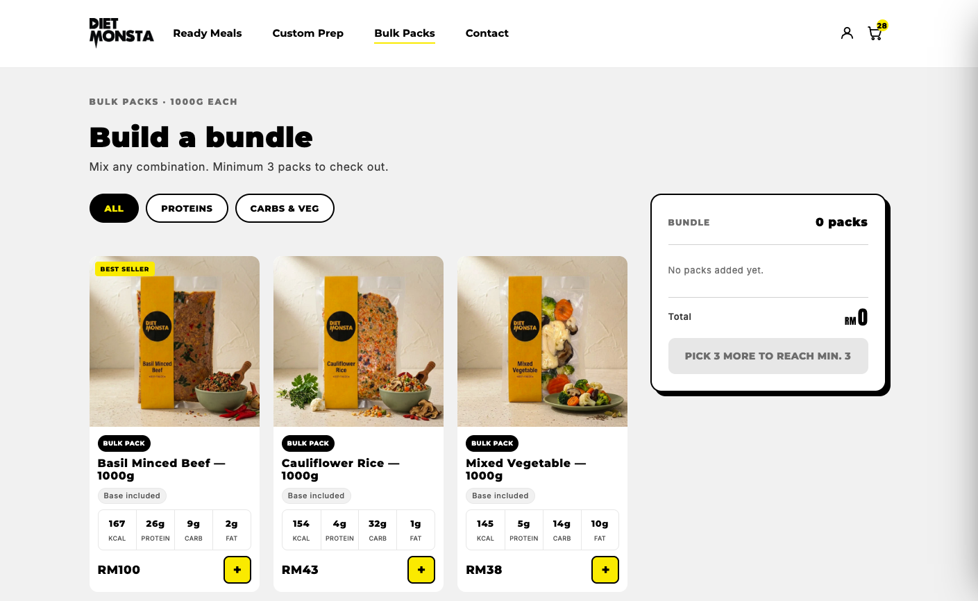 Build a Bundle page with filter pills and a pinned live summary