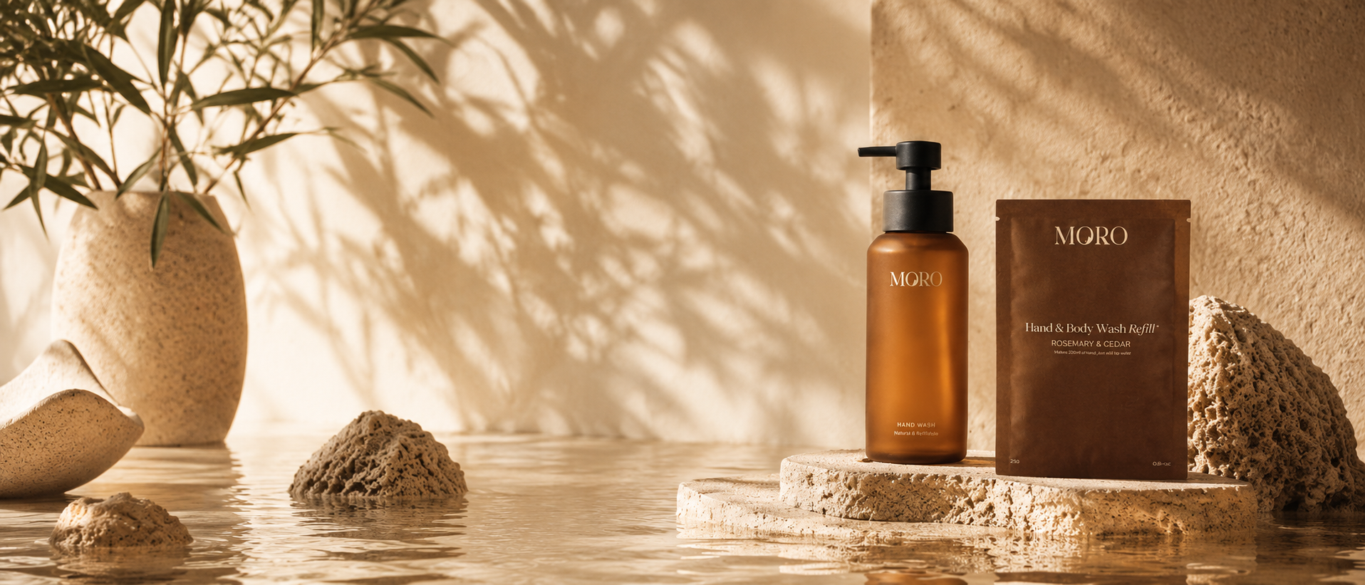 MORO hand wash and refill sachet on travertine