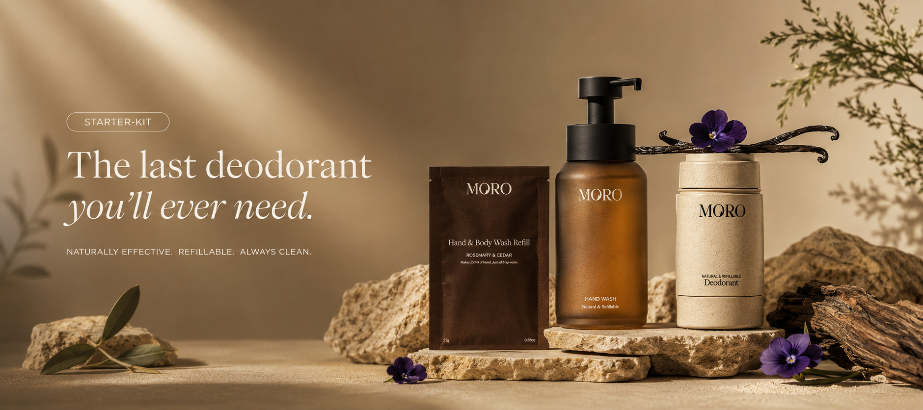 MORO starter kit: refill sachet, hand wash and refillable deodorant