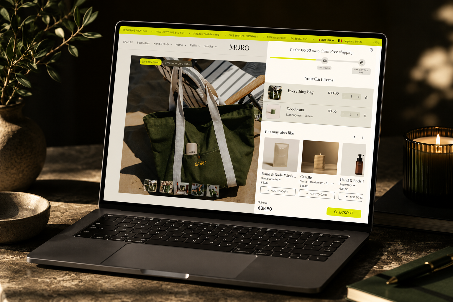 MORO Essentials product page on a laptop